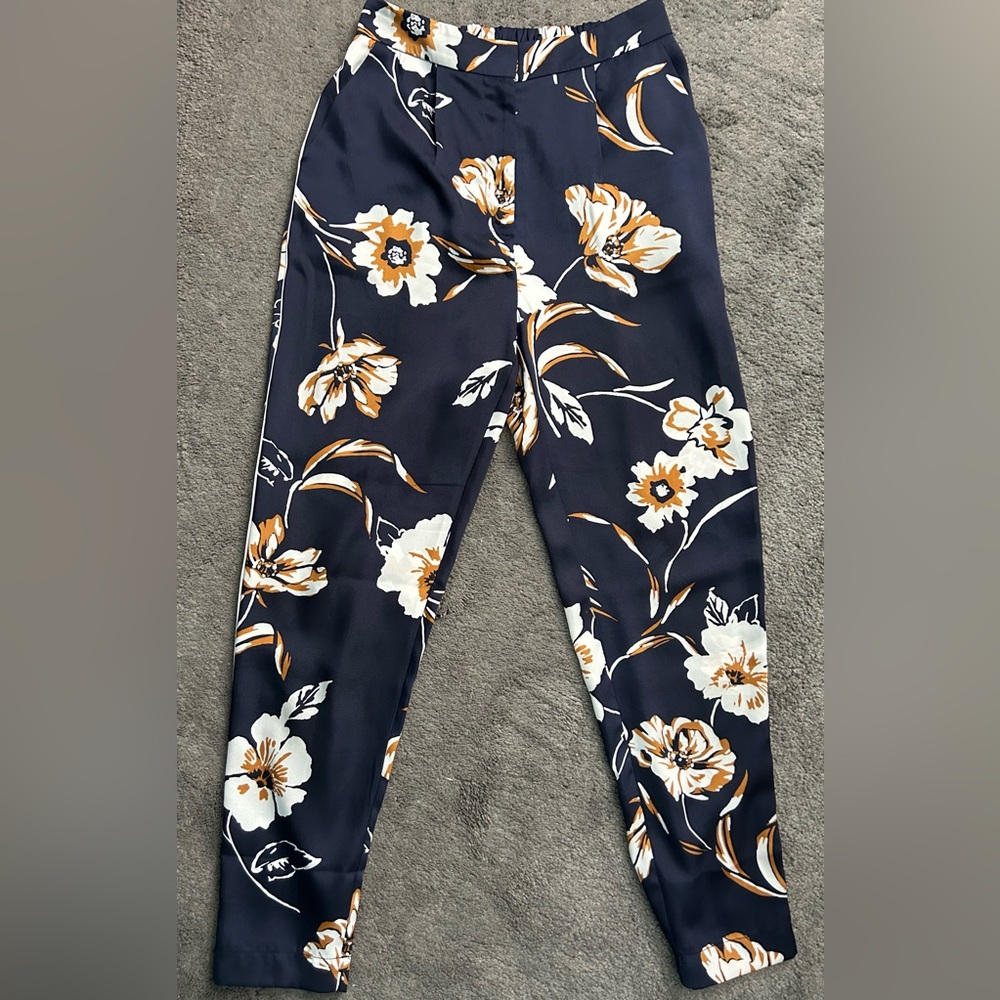 Forever 21 Satin Navy Blue and Gold Floral Pants